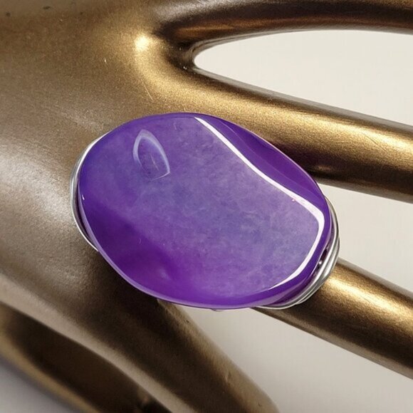 Purple Agate Oval Ring Adjustable Band Handmade Semi Precious Ring - Picture 1 of 10
